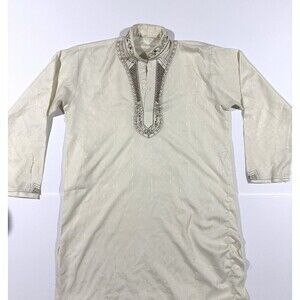 Beige Embroidered Men's Kurta Long Sleeve Traditional Tunic